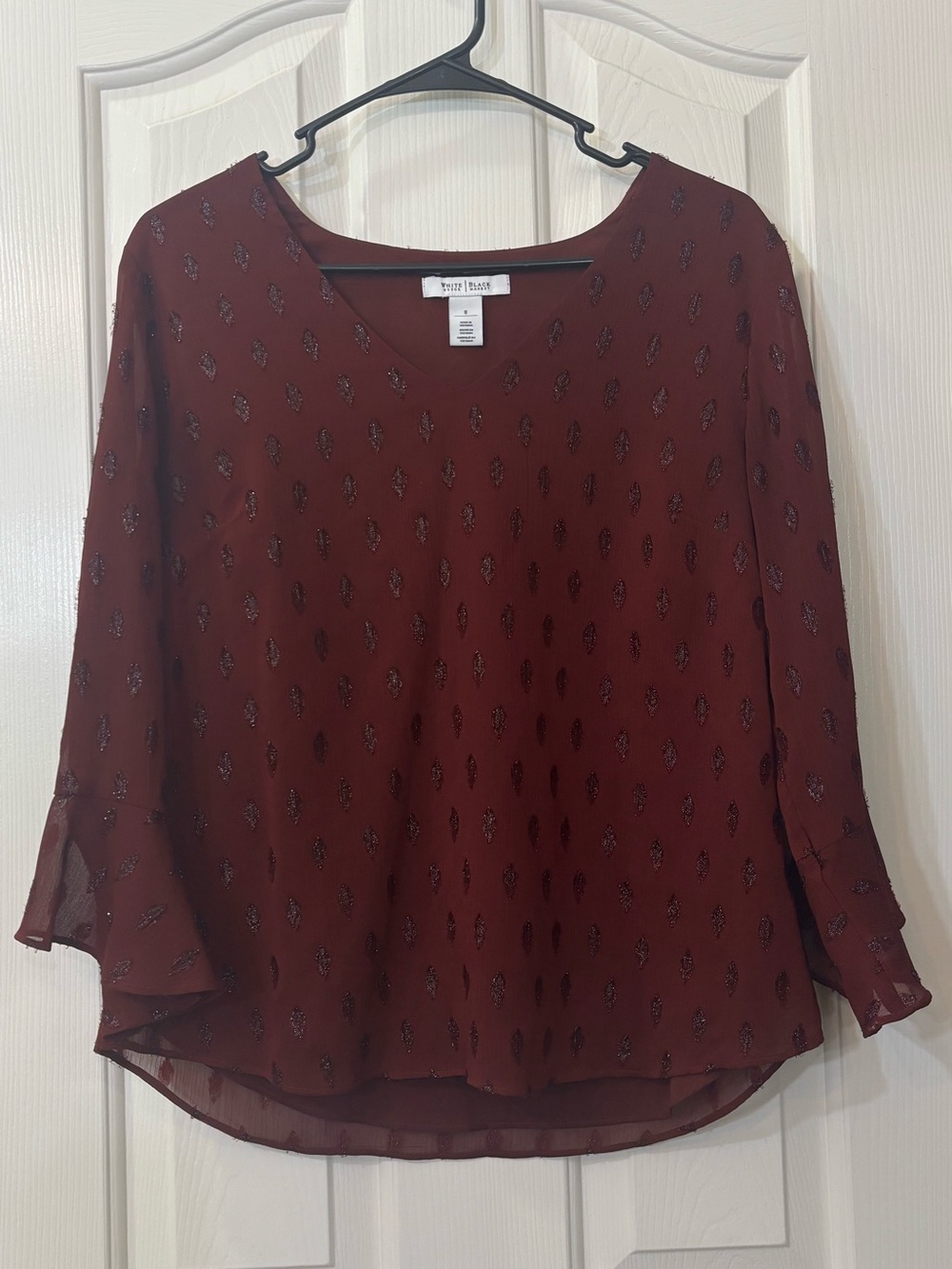 White House Black Market Burgundy Long Sleeve Blouse with Subtle Print